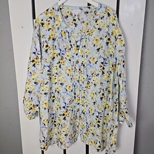 J Jill Womens Love Linen Floral Tunic Top Full Button Front 3x Blue 3/4 Sleeve